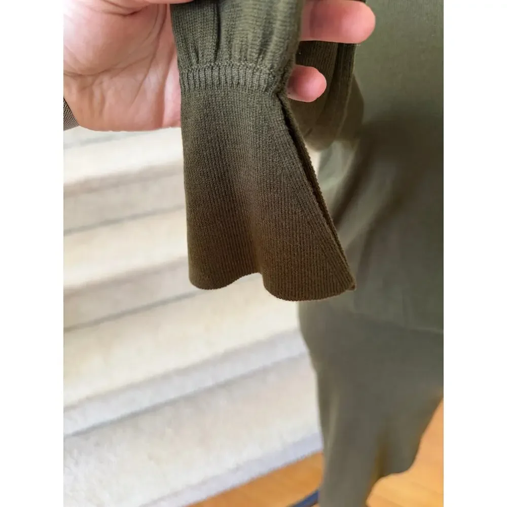 SER.O.YA Olive Green Diana Turtleneck High Slit Blouson Sweater Dress